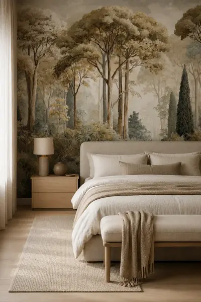 Papier peint photo avec grands arbres peints en ivoire et beige dans une chambre avec tête de lit en lin