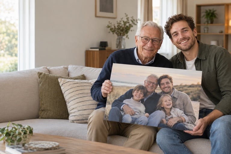 Grand-père montre une photo de famille personnelle sur aluminium face au visiteur