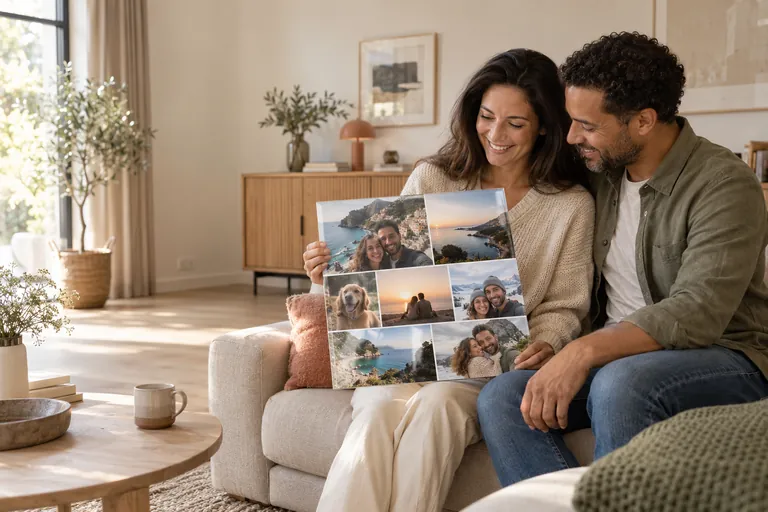 Un couple regarde un pêle-mêle photo personnalisé sur plexiglas