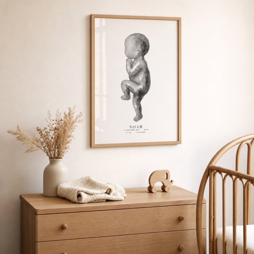 Affiche de naissance personnalisée dans un cadre en chêne au-dessus d’une commode