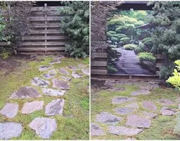 Poster de jardin Jardin zen sable ratissé pont sur étang