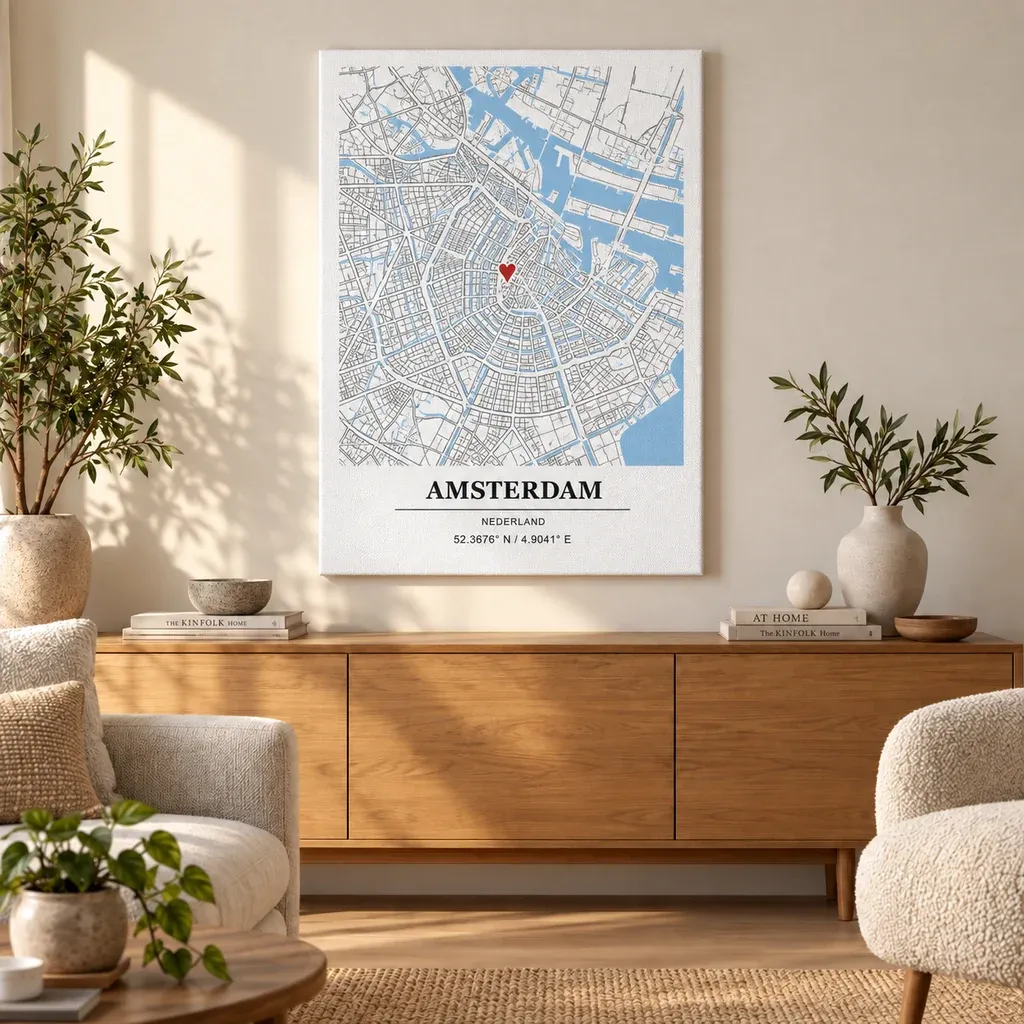 Visualisation d’intérieur : Affiche carte d’Amsterdam sur toile dans un salon chaleureux