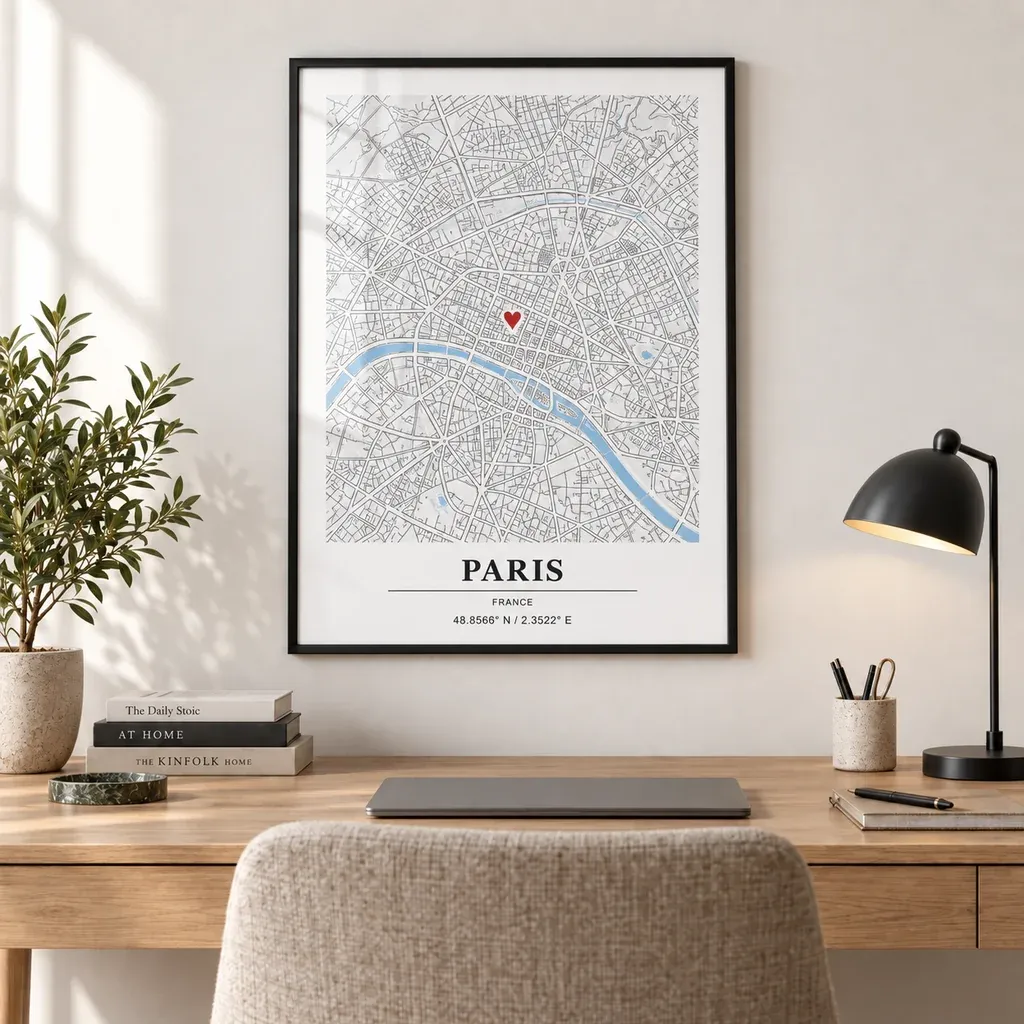 Visualisation d’intérieur : Affiche carte de Paris encadrée dans un bureau lumineux