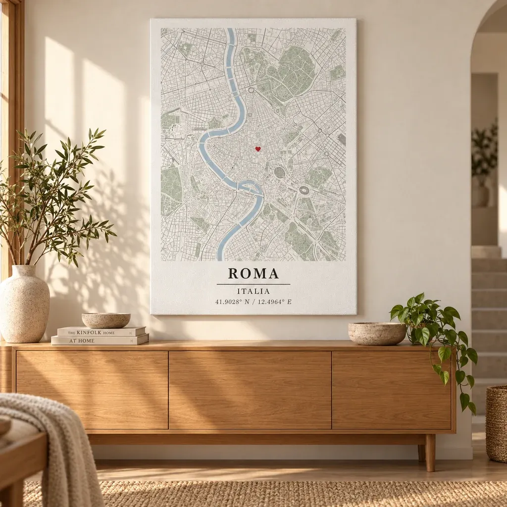 Visualisation d’intérieur : Affiche carte de Rome sur toile dans une entrée chaleureuse