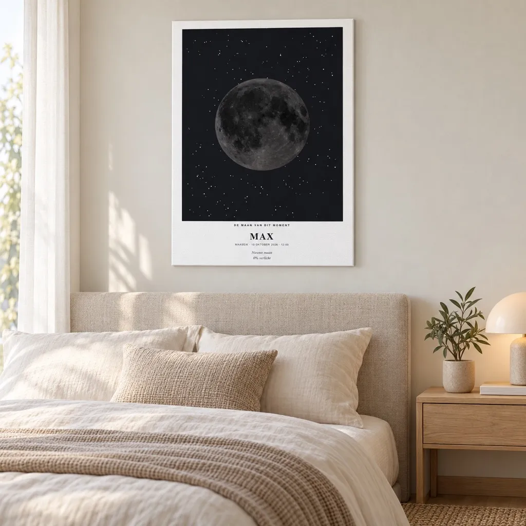 Visualisation d’intérieur : Affiche lunaire avec le prénom Max et la phase Nouvelle lune sur Toile dans un intérieur élégant