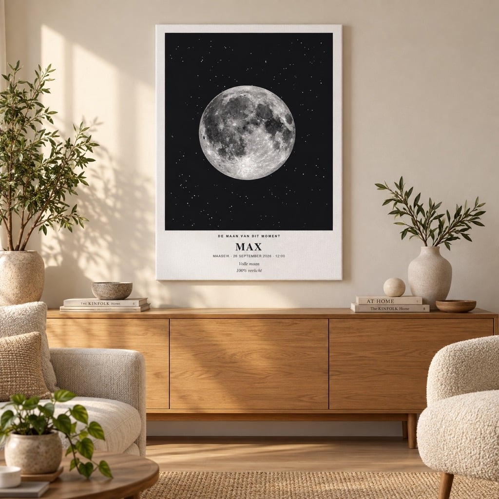 Affiche lunaire Max avec pleine lune sur toile dans un salon lumineux