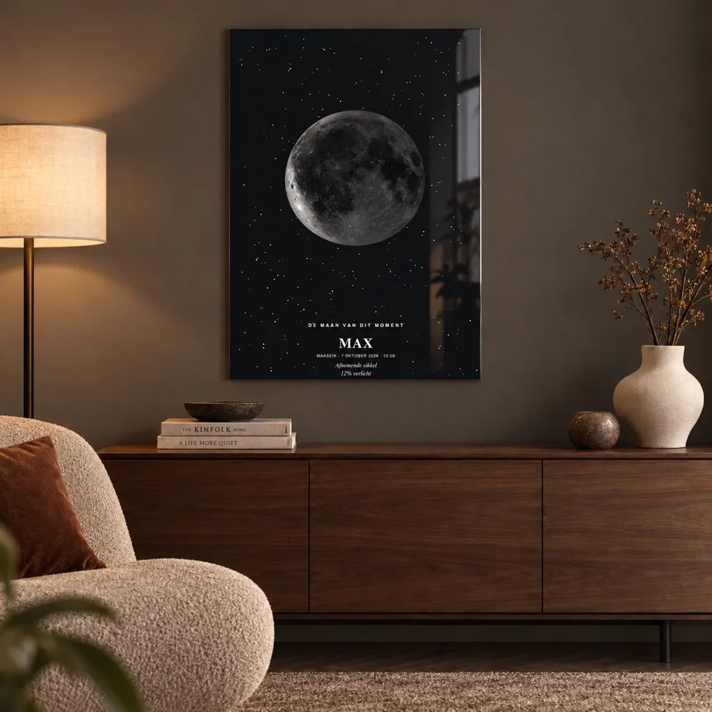 Visualisation d’intérieur : Affiche lunaire Oneindig avec le prénom Max et un dernier croissant sur Plexiglas dans un intérieur élégant