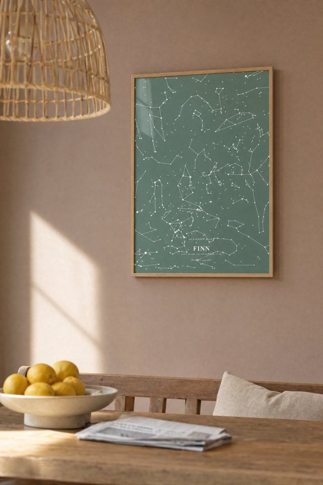 Affiche étoilée verte avec constellations dans un cadre en bois